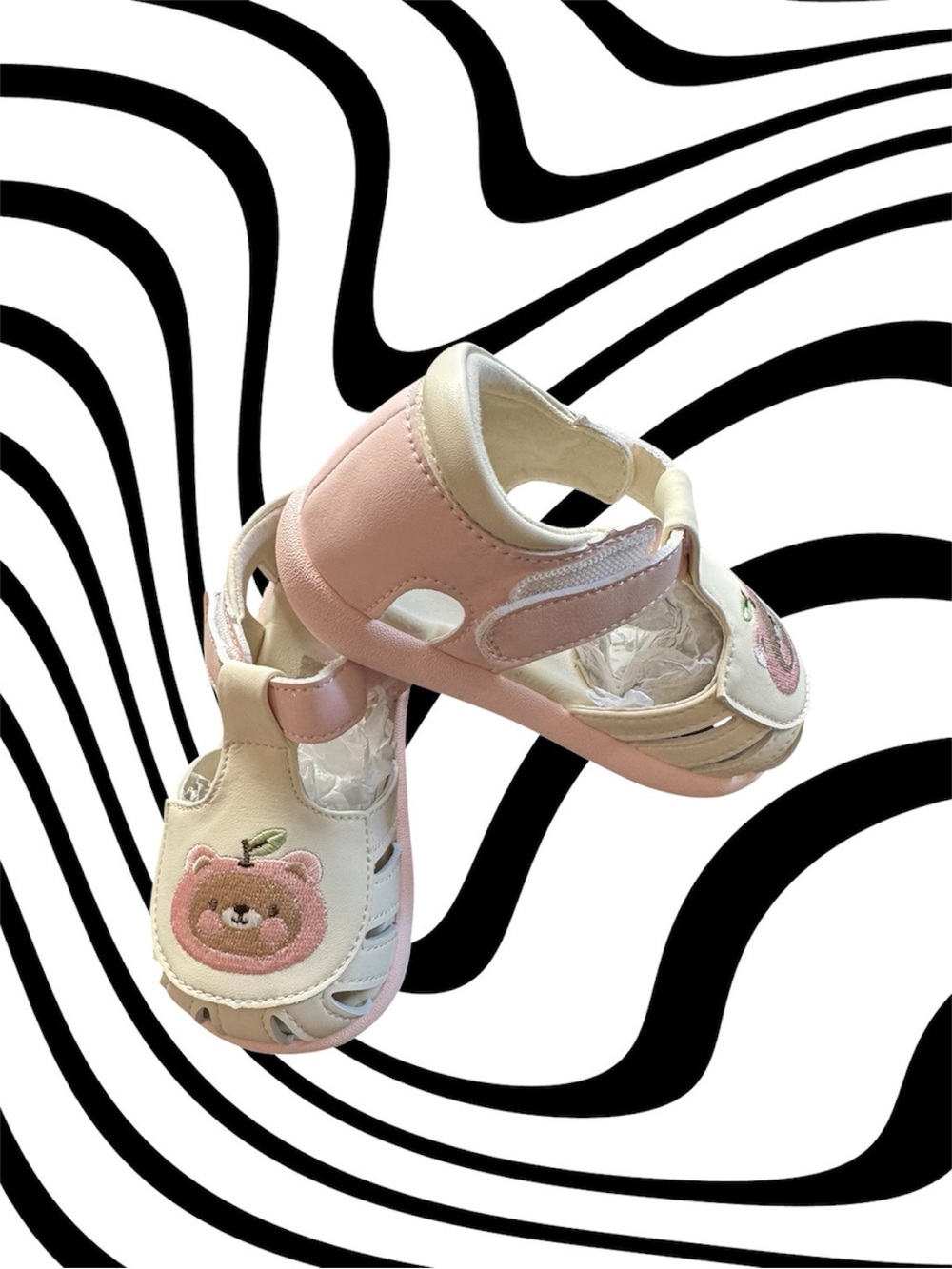 Girls Pink and Cream Closed-Toe Sandals with Cute Bear Patch